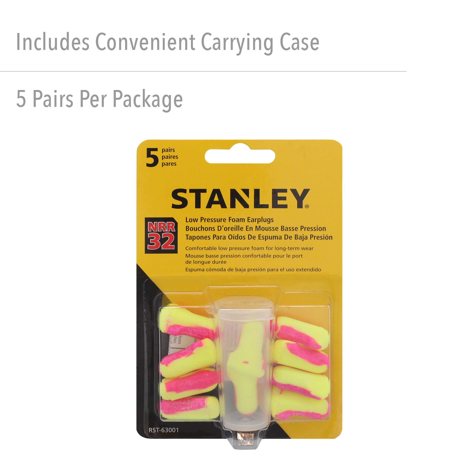 Stanley High-Visibility Low Pressure Disposable Foam Earplugs with Carrying Case, 5-Pairs (RST-63001) - Image 6