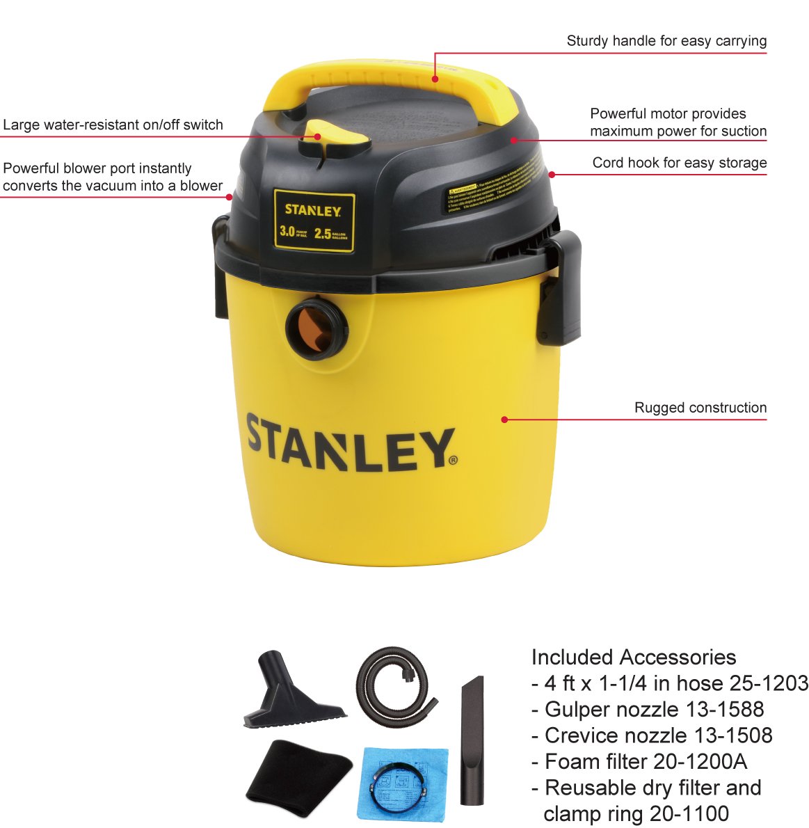 Stanley Wet/Dry Vacuum, 2.5 Gallon, 3 Horsepower - Image 3