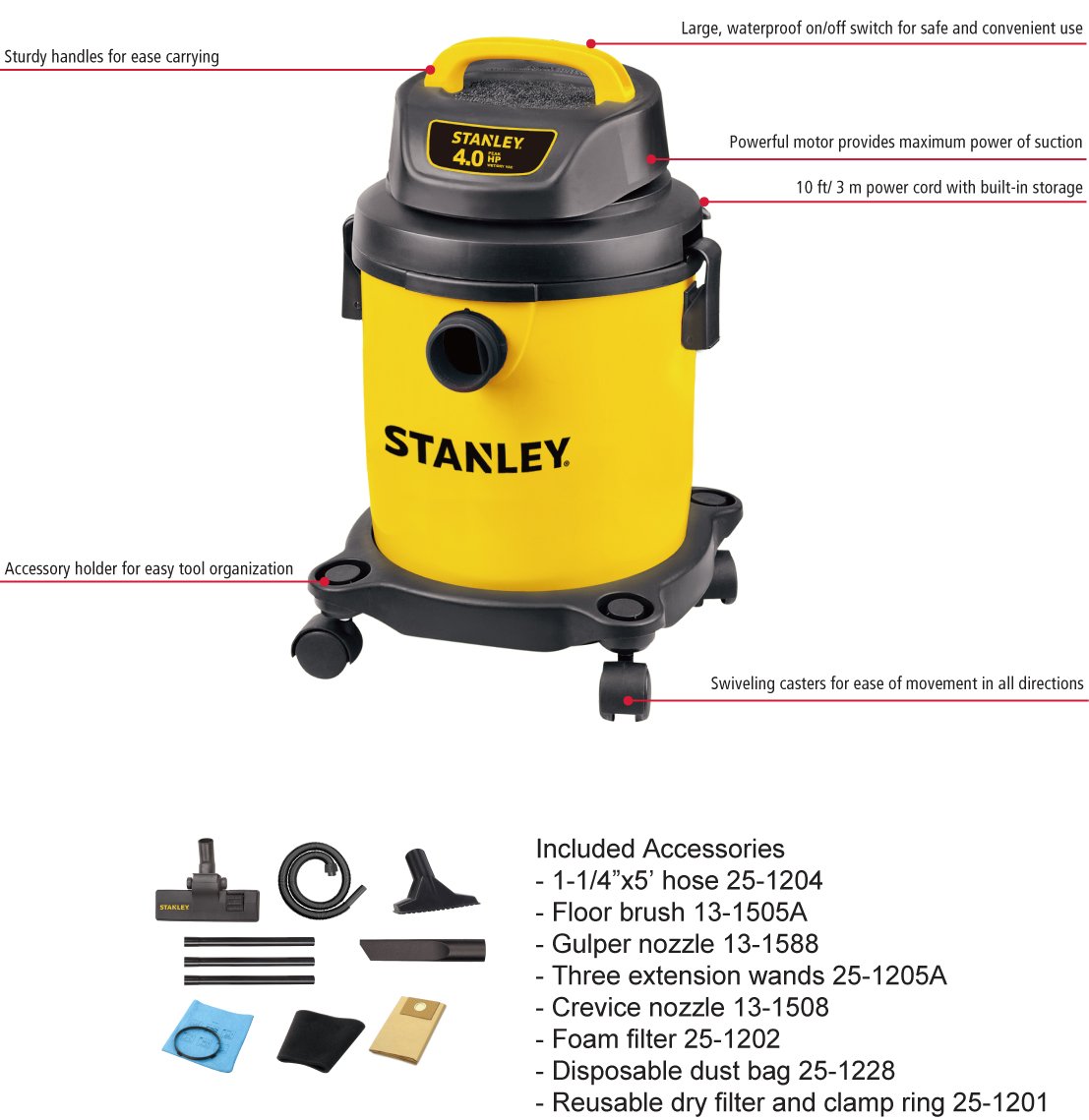 Stanley Wet/Dry Vacuum, 2.5 Gallon, 4 Horsepower - Image 3