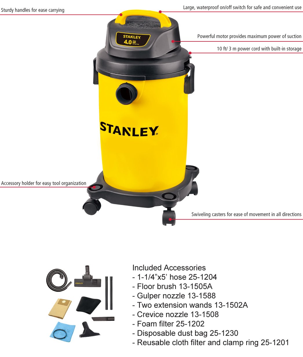 STANLEY Wet/Dry Vacuum, 4.5 Gallon, 4 Horsepower - Image 3